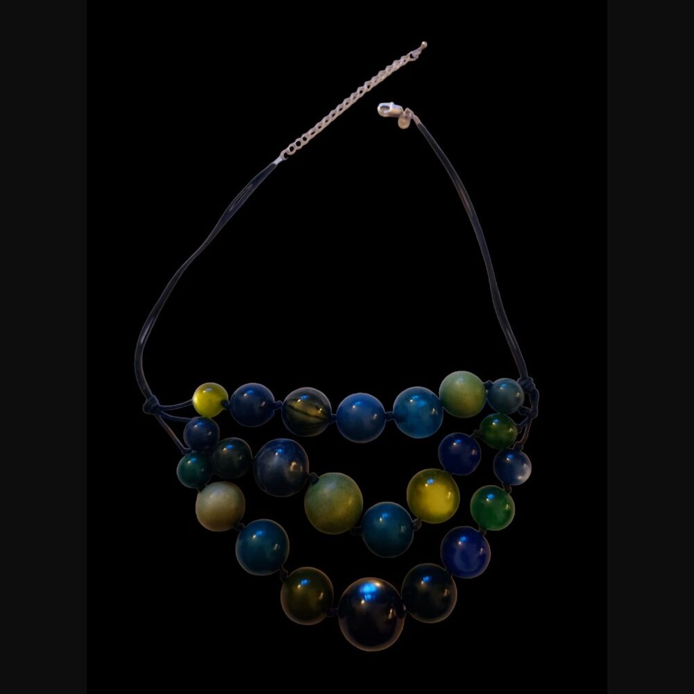 Marks El Spencer Large Blue and Green Triple Layered Beaded Cord Necklace 21.5"